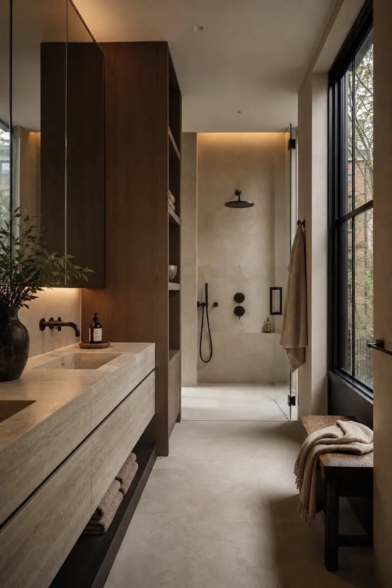 Dark walnut and limestone bathroom with a tall black-framed window