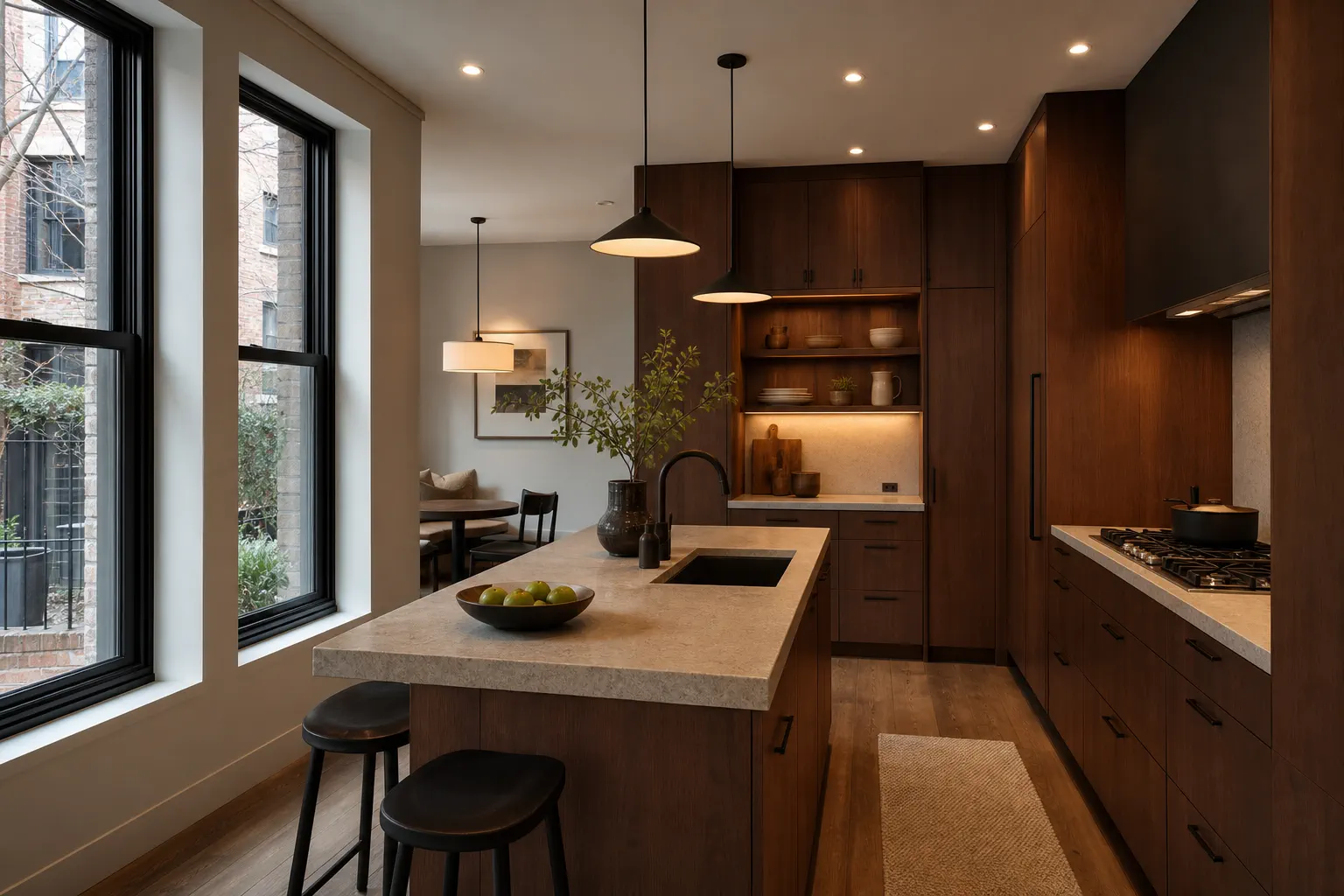 Warm wood and limestone kitchen interior