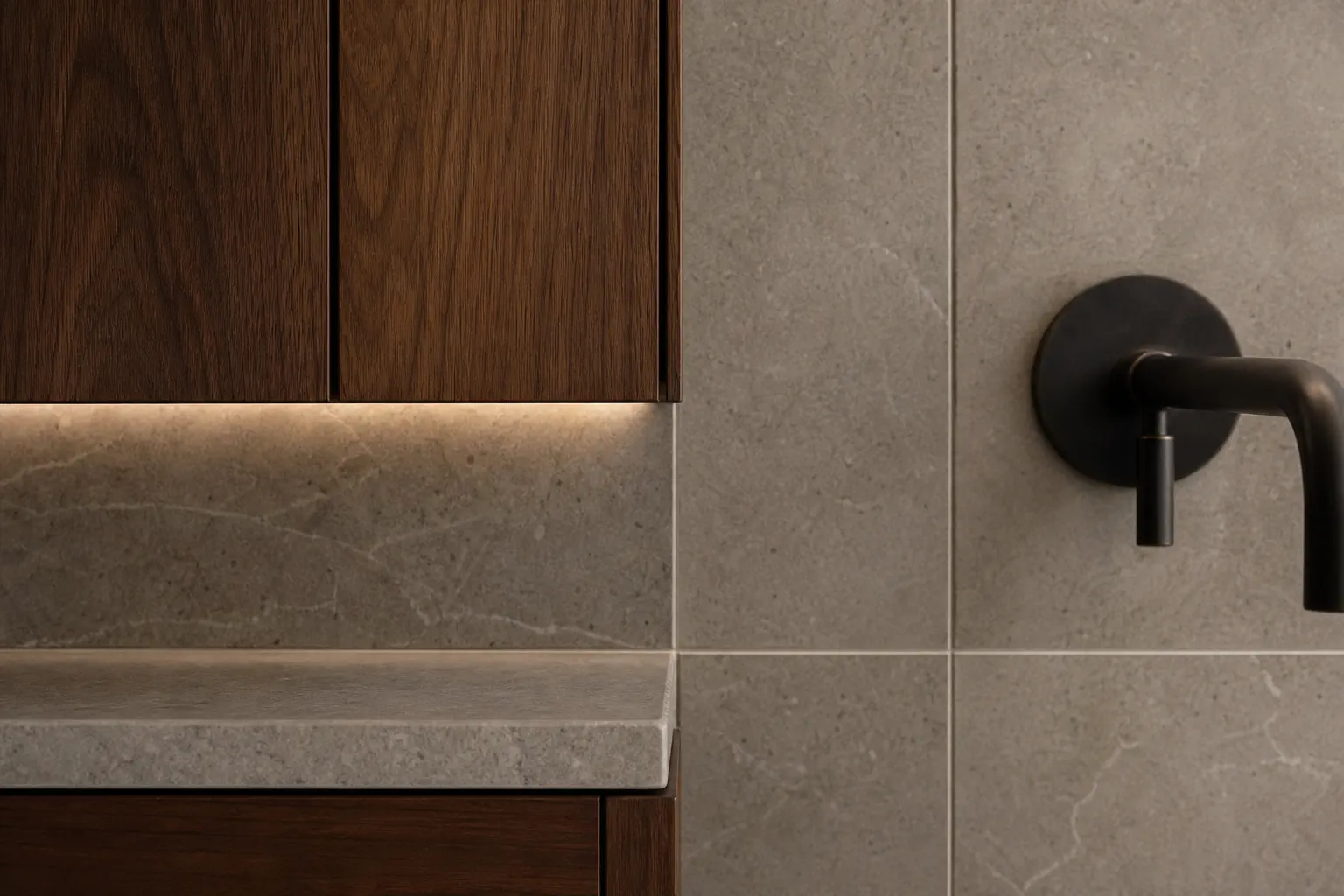 Precise walnut joinery, pale stone, bronze hardware, and integrated light
