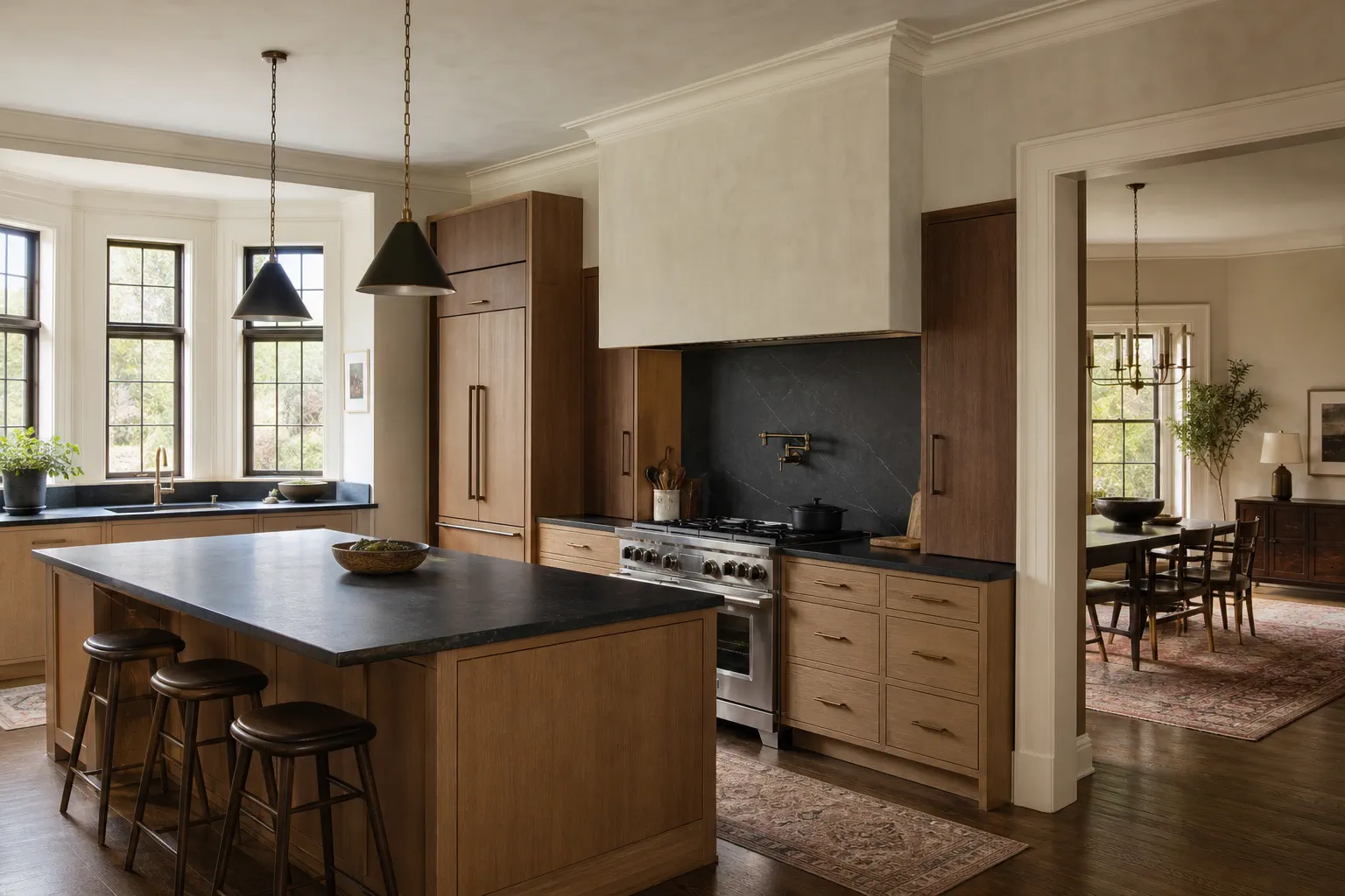 Walnut cabinetry and limestone surfaces in a kitchen