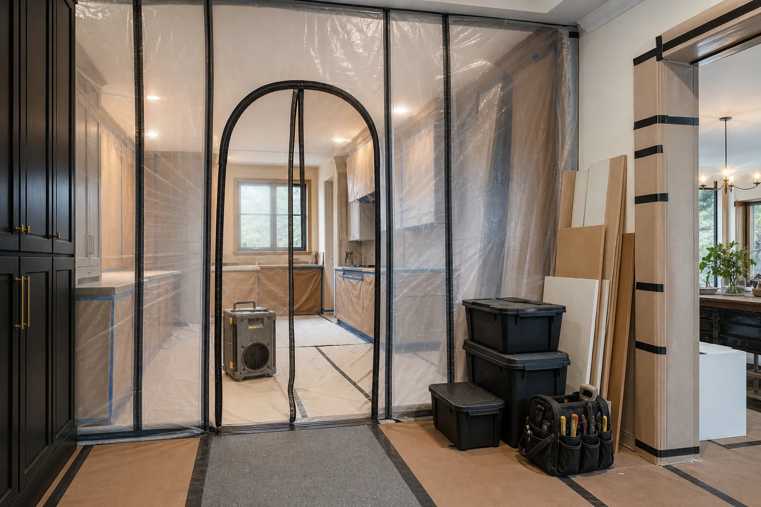 Protected residential work zone with a dust barrier, floor covering, and orderly tools