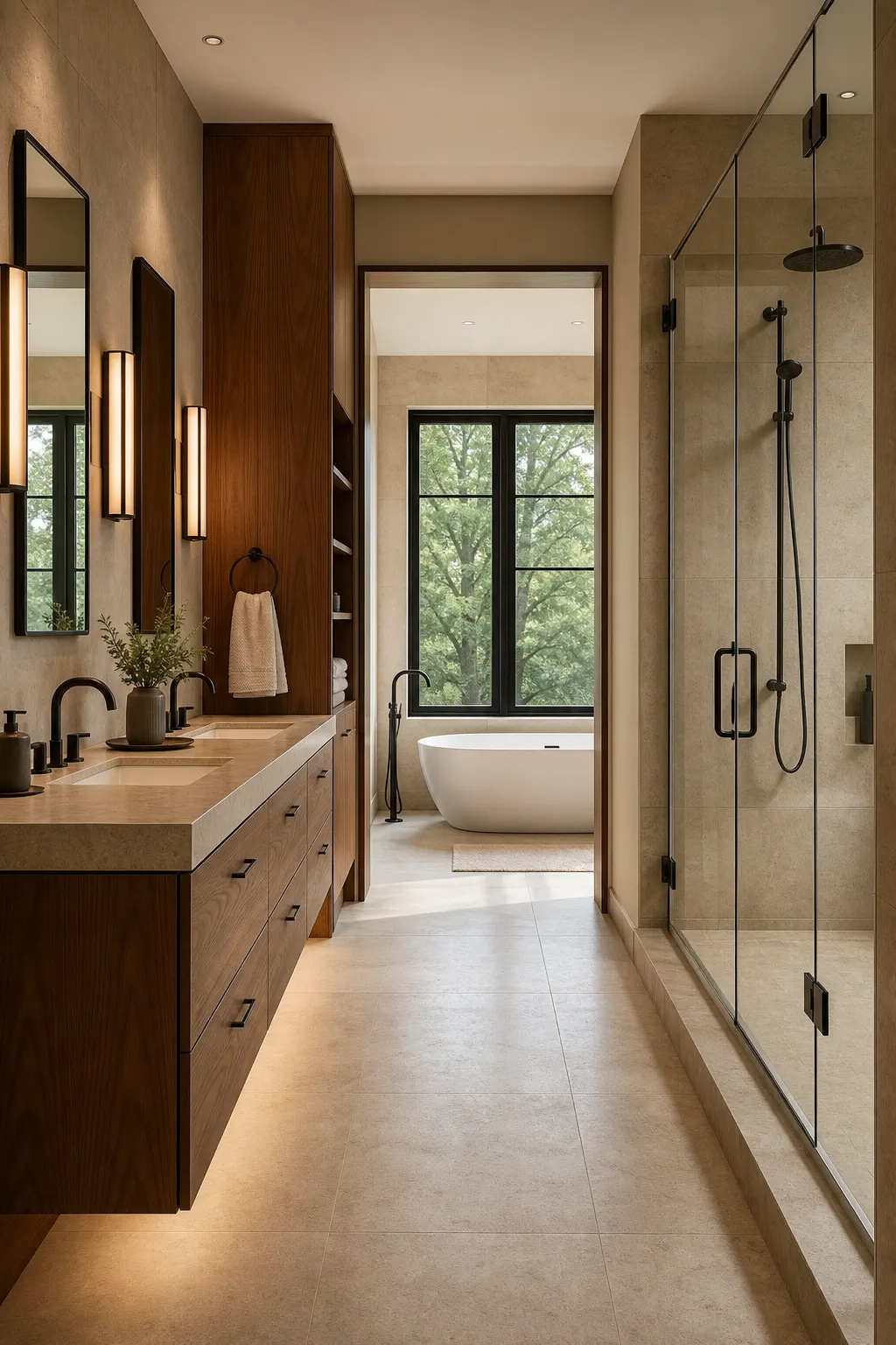 Limestone and warm wood bathroom with a freestanding tub